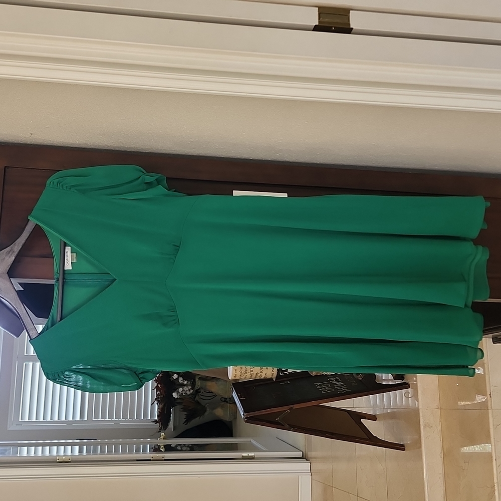 Calvin Klein Green dress with short sleeves. Dress is lined with zipper back.
